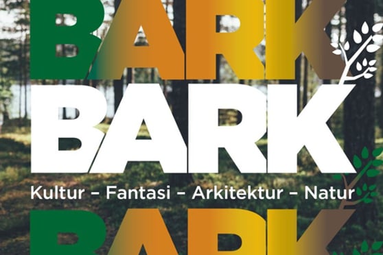 Logotyp för BARK i vitt mot skog i bakgrunden.
